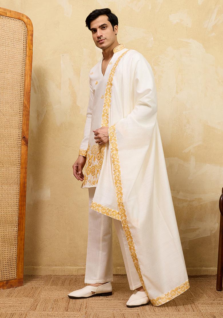 White Embroidery Silk Kurta Set For Men - Indya