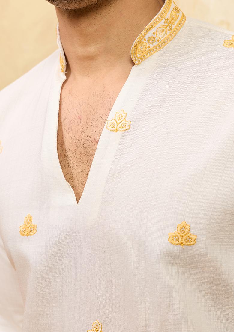 White Embroidery Silk Kurta Set For Men - Indya