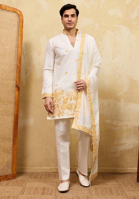 White Embroidery Silk Kurta Set For Men