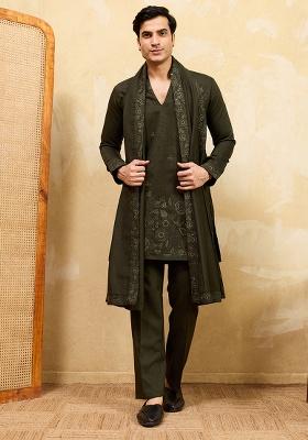 Green Embroidery Silk Kurta Set For Men
