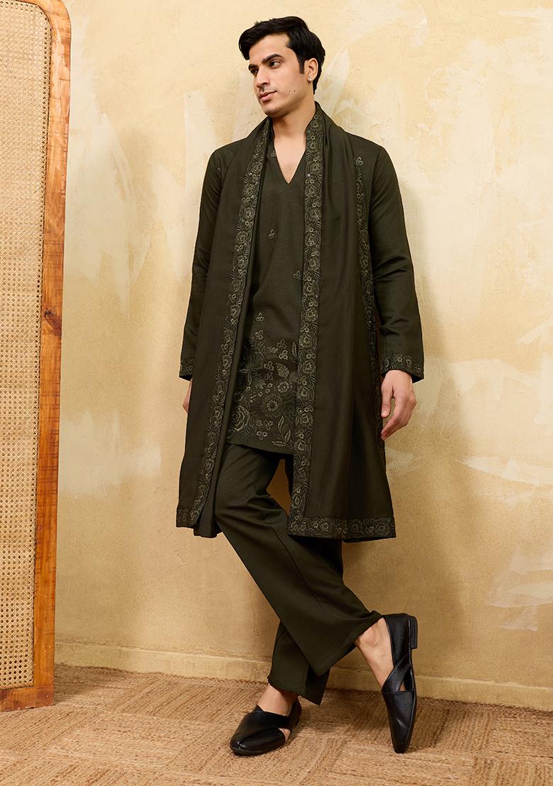 Green Embroidery Silk Kurta Set For Men - Indya