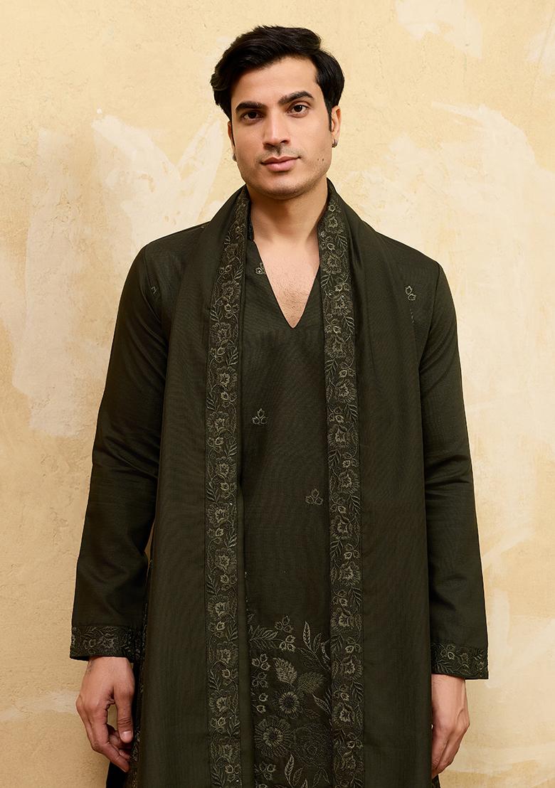 Green Embroidery Silk Kurta Set For Men - Indya