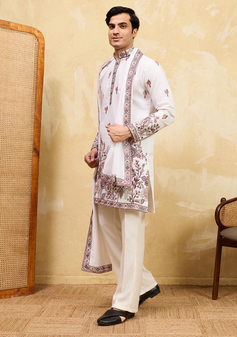 White Embroidery Silk Kurta Set For Men - Indya