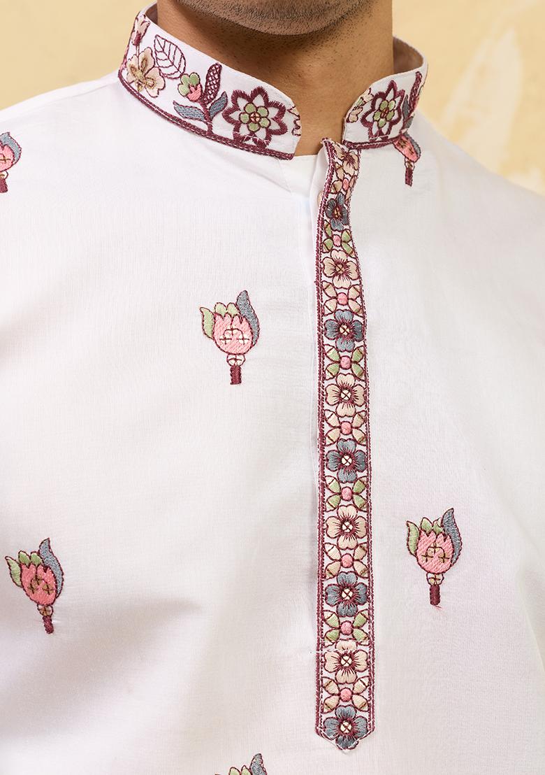 White Embroidery Silk Kurta Set For Men - Indya