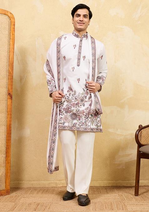 White Embroidery Silk Kurta Set For Men