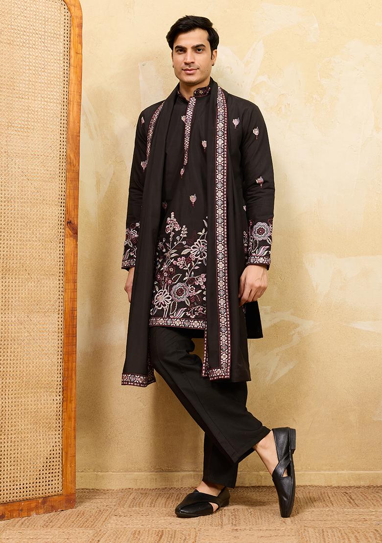 Black Embroidery Silk Kurta Set For Men - Indya