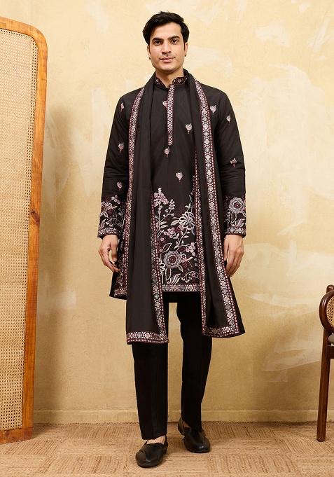 Black Embroidery Silk Kurta Set For Men