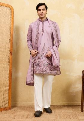 Pink Embroidery Silk Kurta Set For Men