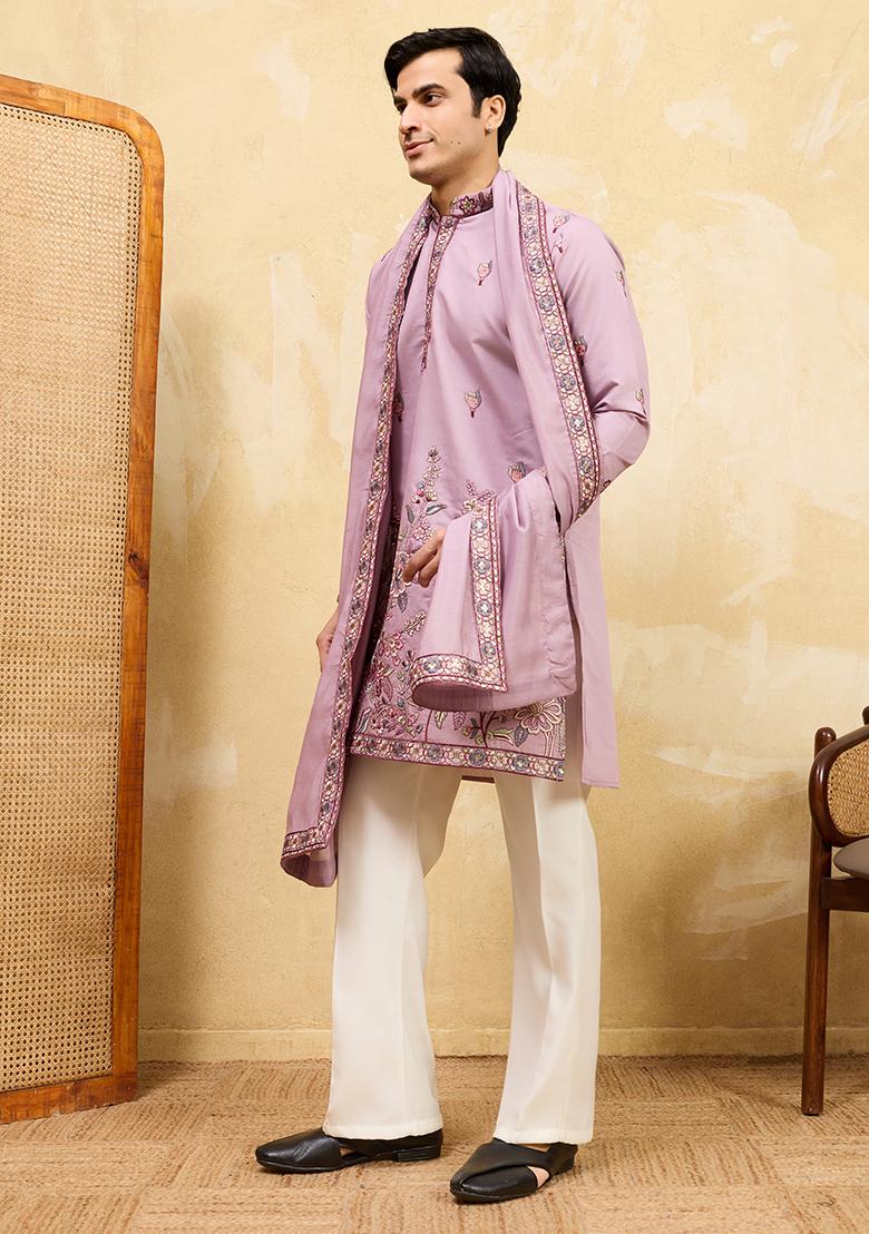 Pink Embroidery Silk Kurta Set For Men - Indya