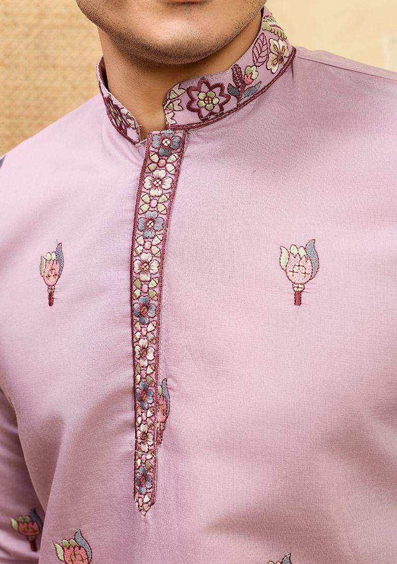 Pink Embroidery Silk Kurta Set For Men - Indya