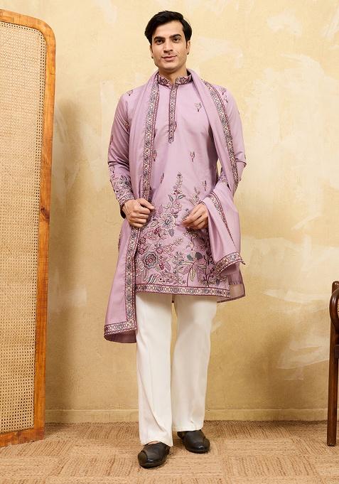 Pink Embroidery Silk Kurta Set For Men
