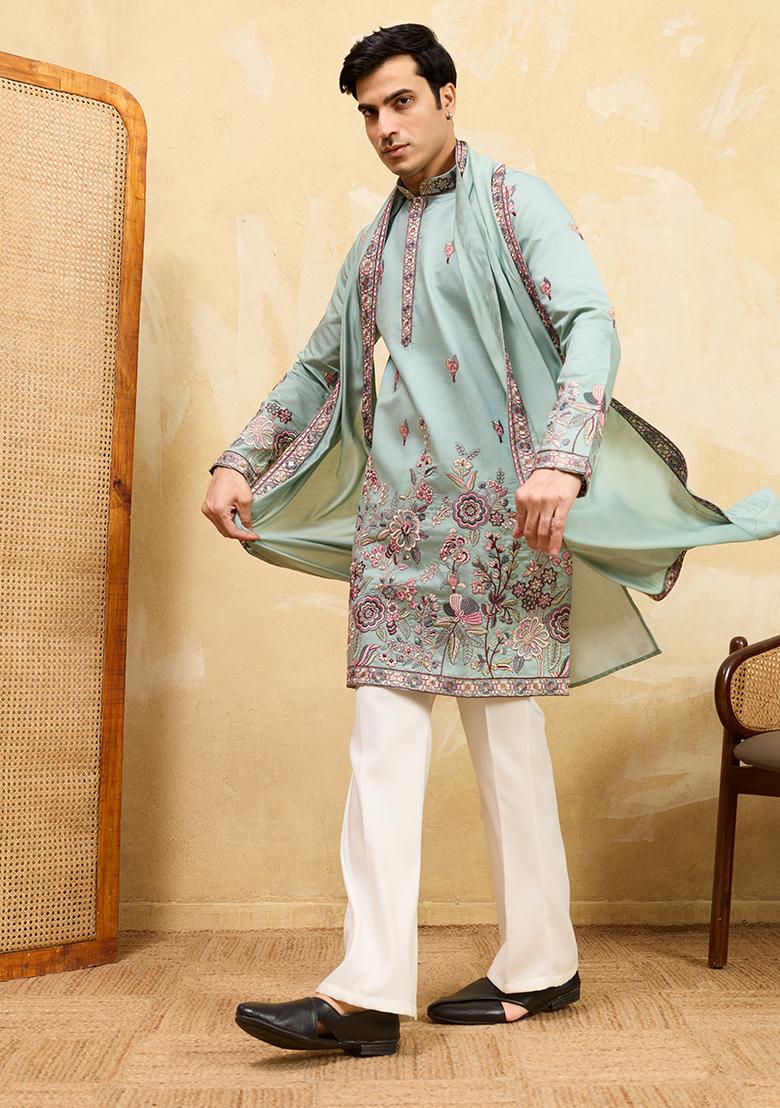 Pista Embroidery Silk Kurta Set For Men - Indya