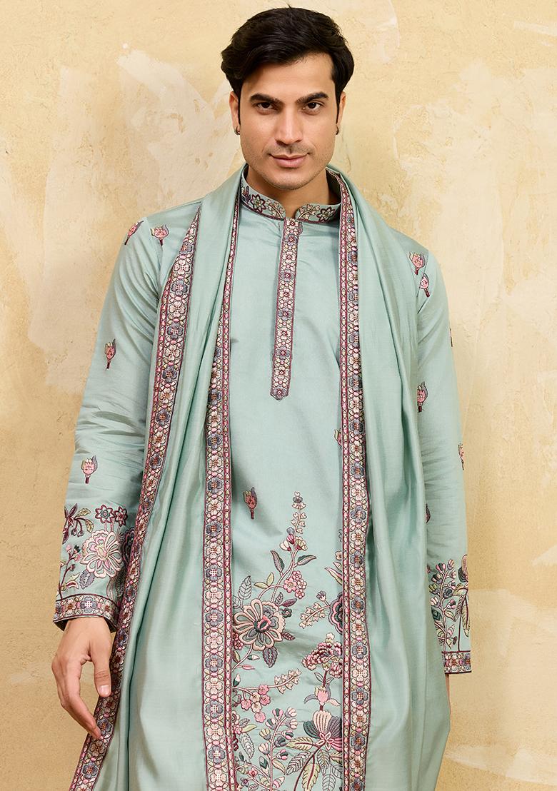 Pista Embroidery Silk Kurta Set For Men - Indya