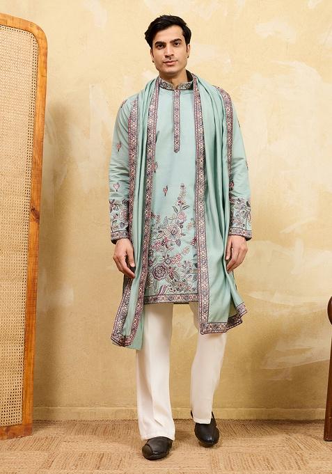 Pista Embroidery Silk Kurta Set For Men