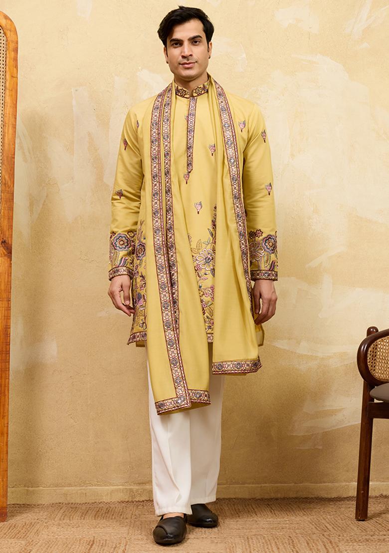 Yellow Embroidery Silk Kurta Set For Men - Indya