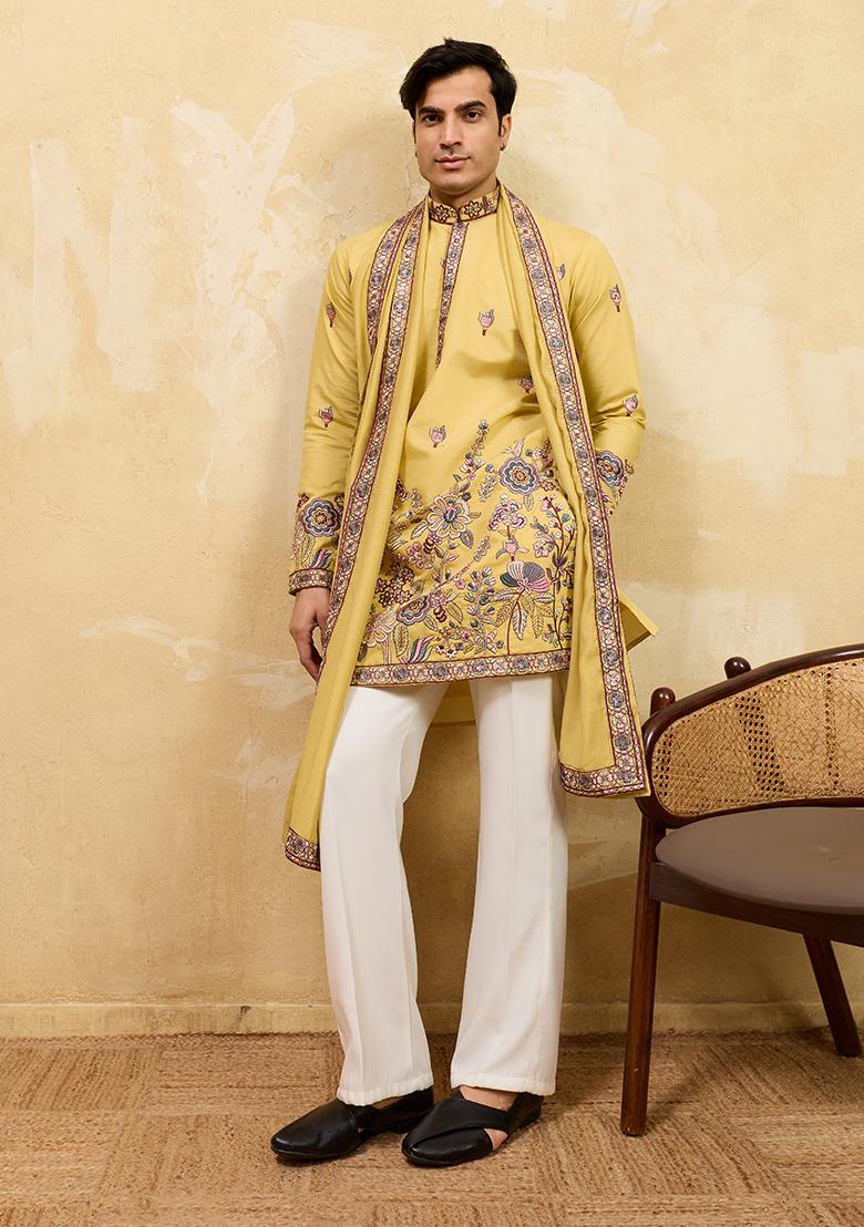 Yellow Embroidery Silk Kurta Set For Men - Indya