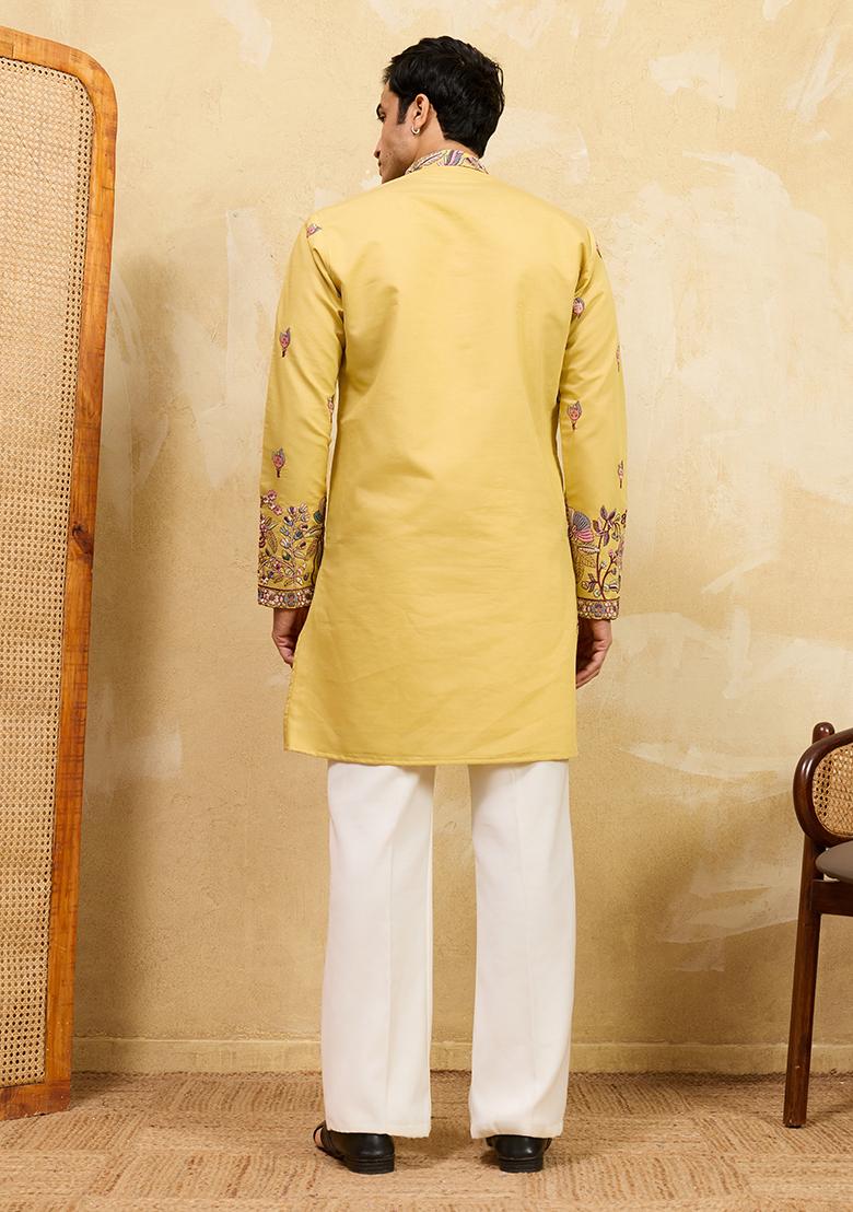 Yellow Embroidery Silk Kurta Set For Men - Indya