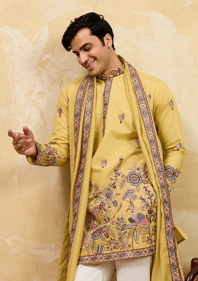 Yellow Embroidery Silk Kurta Set For Men - Indya