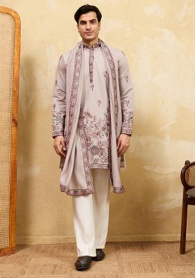 Ivory Embroidery Silk Kurta Set For Men
