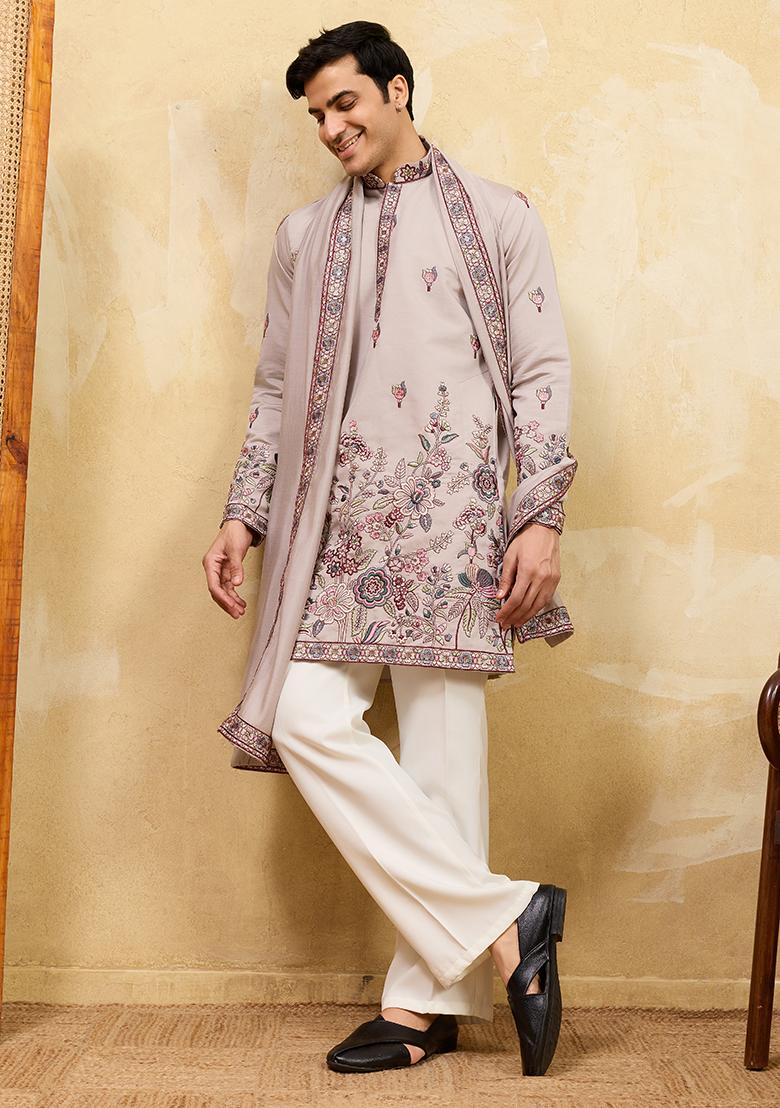 Ivory Embroidery Silk Kurta Set For Men - Indya