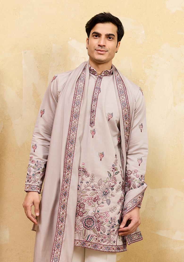 Ivory Embroidery Silk Kurta Set For Men - Indya