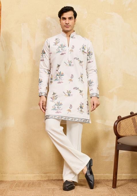 White Embroidery Silk Kurta Set For Men