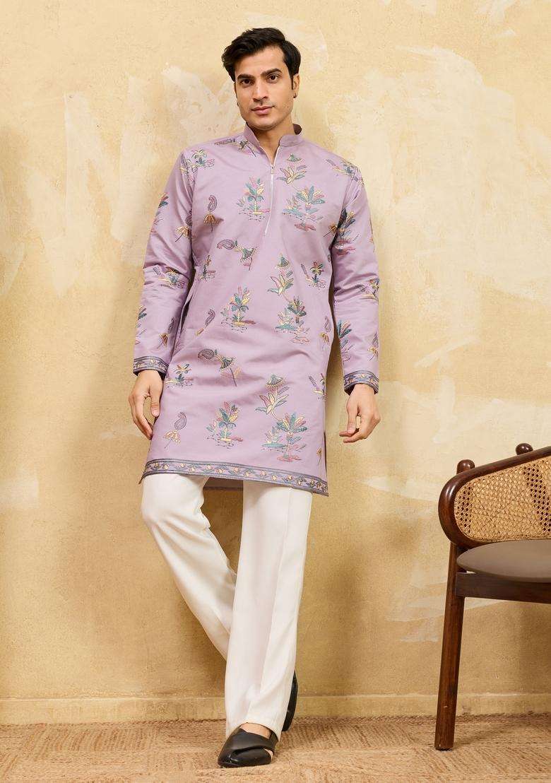 Dusty Purple Embroidery Silk Kurta Set For Men - Indya