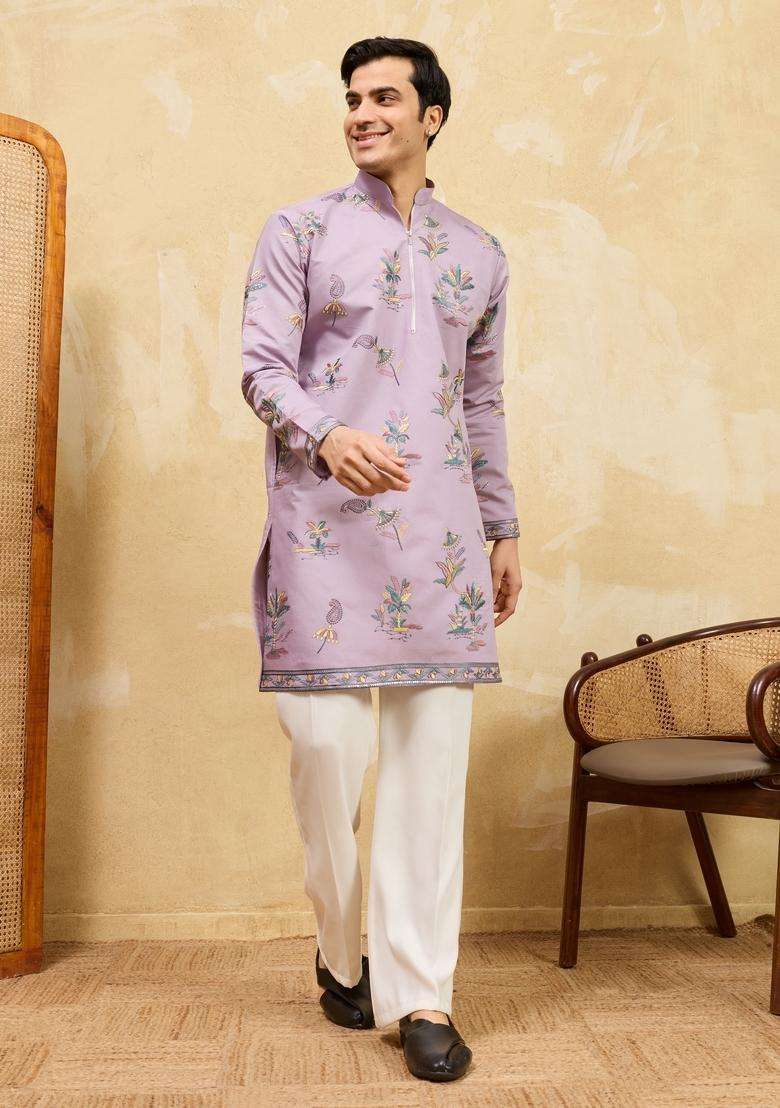 Dusty Purple Embroidery Silk Kurta Set For Men - Indya