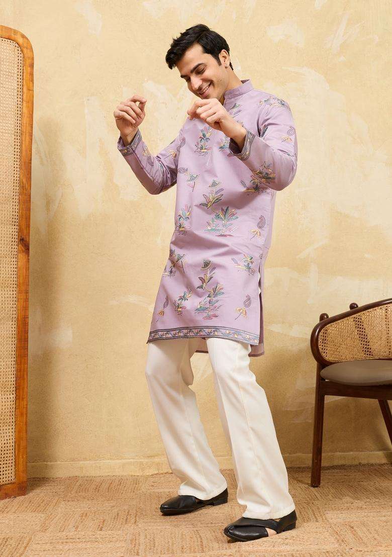 Dusty Purple Embroidery Silk Kurta Set For Men - Indya