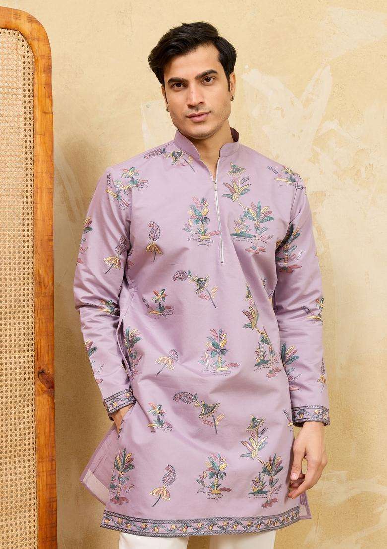 Dusty Purple Embroidery Silk Kurta Set For Men - Indya