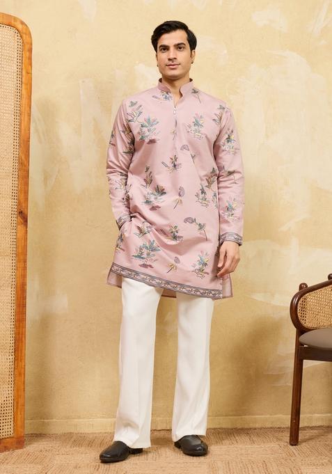 Pink Embroidery Silk Kurta Set For Men