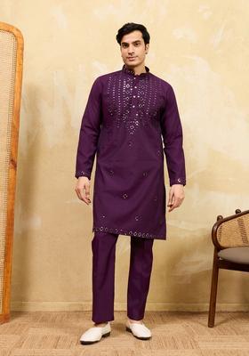 Purple Embroidery Silk Kurta Set For Men