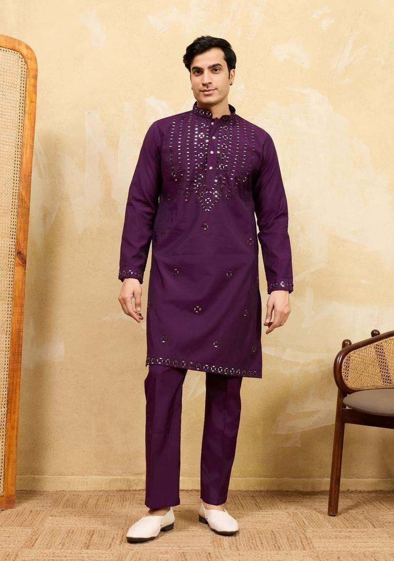 Purple Embroidery Silk Kurta Set For Men - Indya