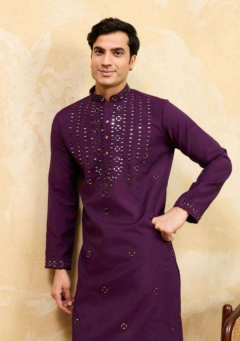 Purple Embroidery Silk Kurta Set For Men - Indya