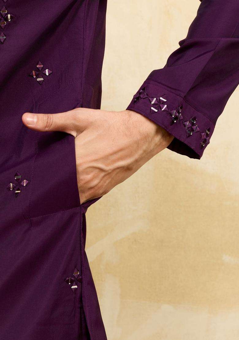 Purple Embroidery Silk Kurta Set For Men - Indya