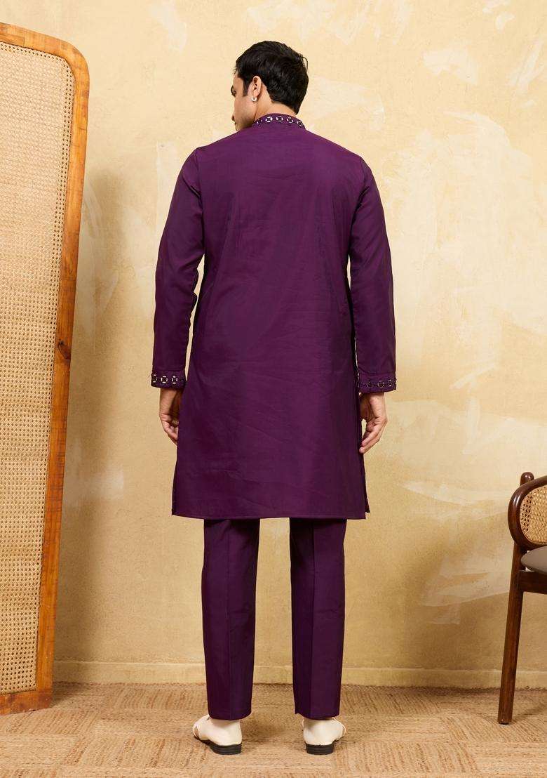 Purple Embroidery Silk Kurta Set For Men - Indya