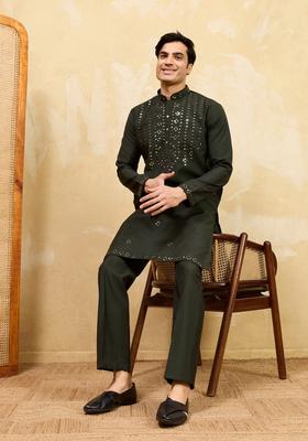 Green Embroidery Silk Kurta Set For Men