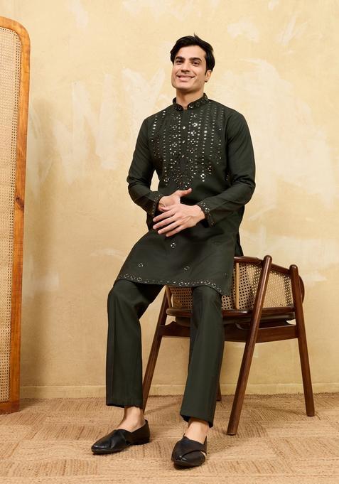 Green Embroidery Silk Kurta Set For Men