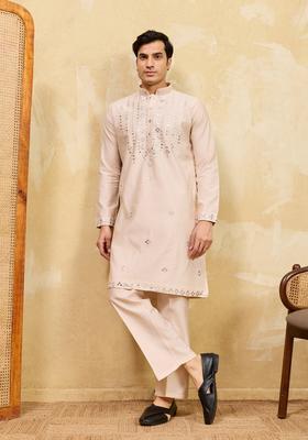 Beige Embroidery Silk Kurta Set For Men
