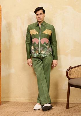 Green Embroidery Velvet Kurta Set For Men