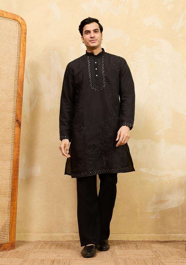 Black Embroidery Silk Blend Kurta Set For Men - Indya