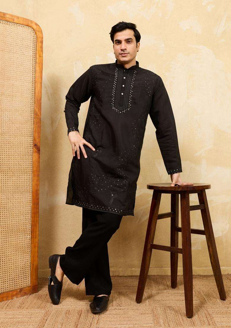 Black Embroidery Silk Blend Kurta Set For Men - Indya