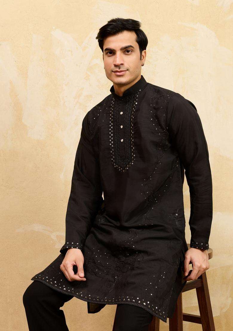 Black Embroidery Silk Blend Kurta Set For Men - Indya