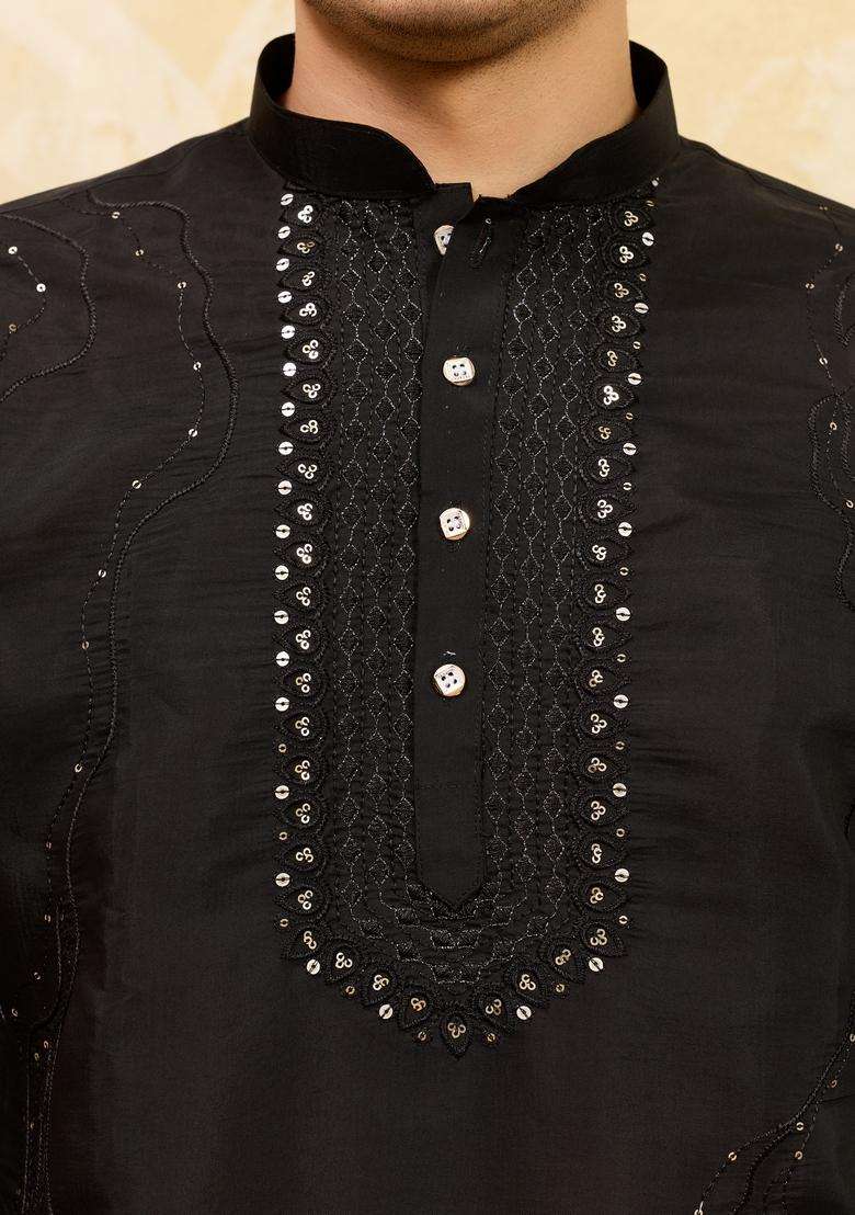 Black Embroidery Silk Blend Kurta Set For Men - Indya
