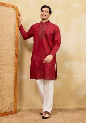 Red Embroidery Silk Kurta Set For Men