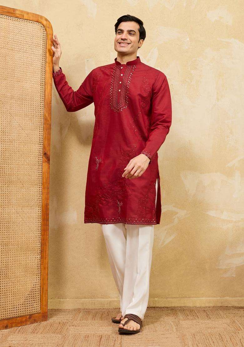 Red Embroidery Silk Blend Kurta Set For Men - Indya