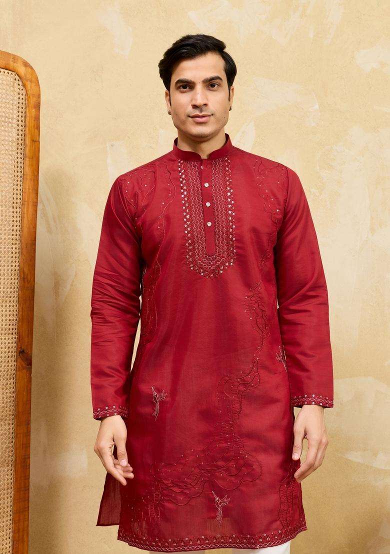 Red Embroidery Silk Blend Kurta Set For Men - Indya
