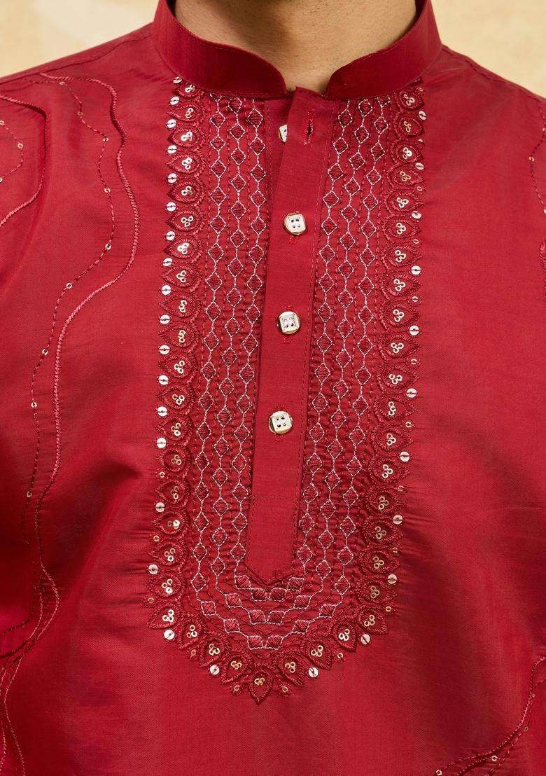 Red Embroidery Silk Blend Kurta Set For Men - Indya