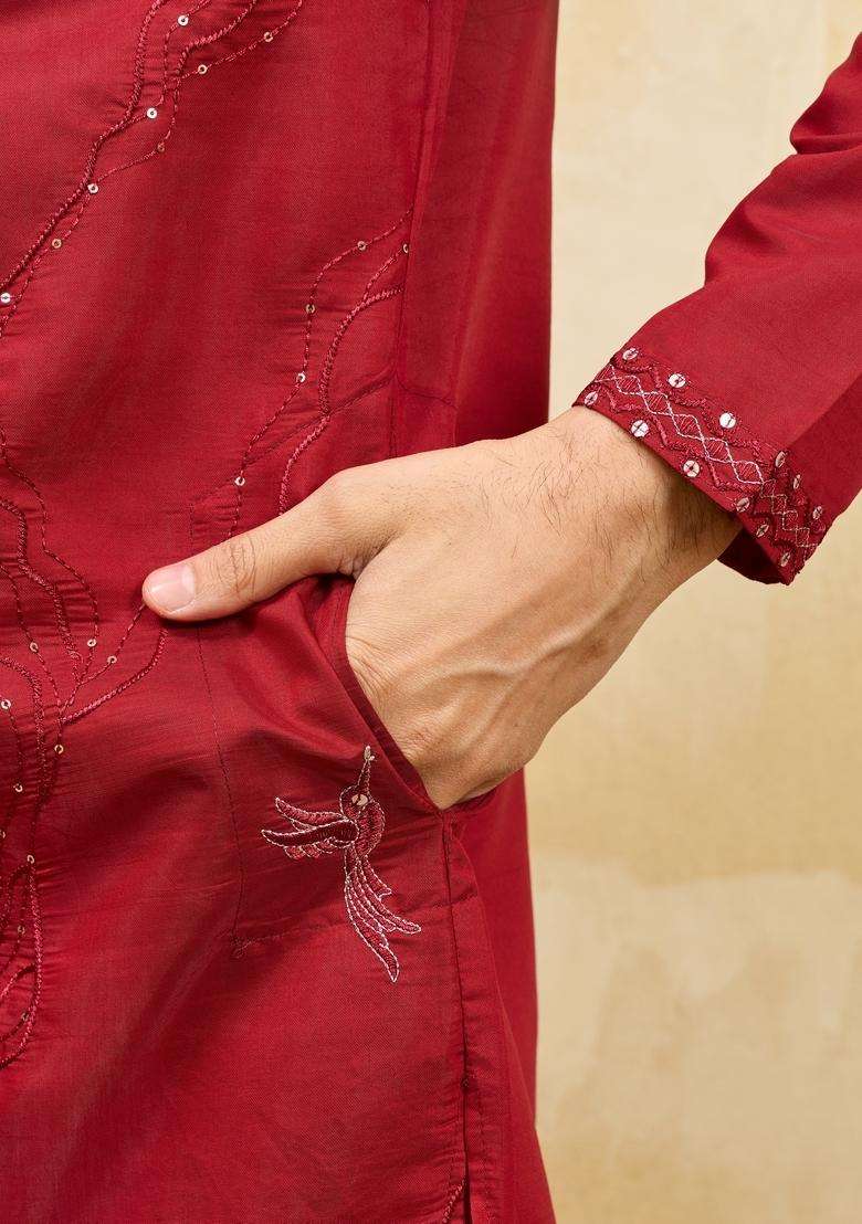 Red Embroidery Silk Blend Kurta Set For Men - Indya