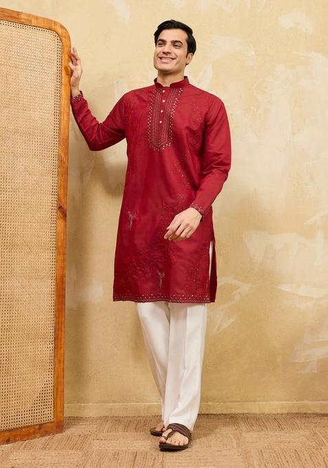 Red Embroidery Silk Kurta Set For Men